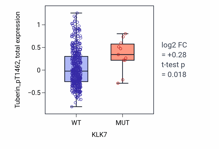 Box plot of Tuberin_pT1462 in KLK7-low vs KLK7-high samples in UCEC.