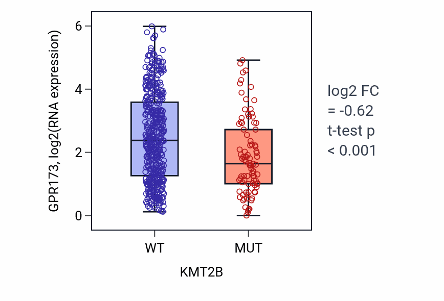 Box plot of GPR173 in KMT2B-low vs KMT2B-high samples in UCEC.