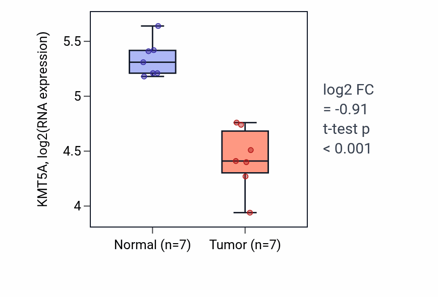 Tumor-vs-normal expression box plot for KMT5A in THCA.