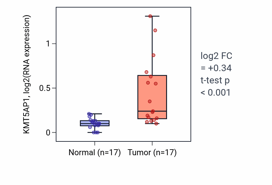 Tumor-vs-normal expression box plot for KMT5AP1 RNA in COAD.