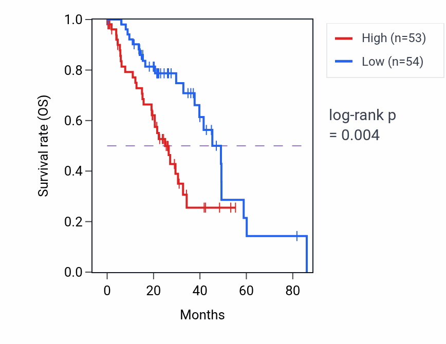 Kaplan&ndash;Meier survival curve for KMT5AP2 RNA expression in LUAD: high vs low expression groups.