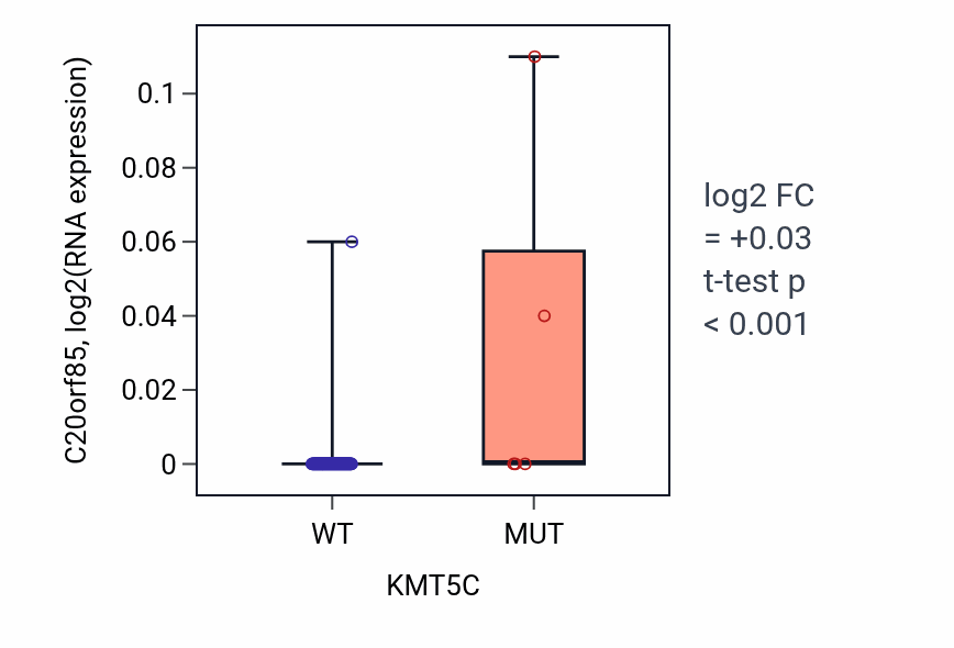 Box plot of C20orf85 in KMT5C-low vs KMT5C-high samples in BLOOD_Leukemia.