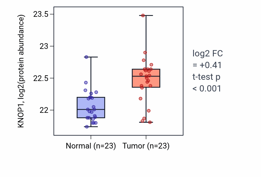 Tumor-vs-normal mass-spec protein box plot for KNOP1 in HNSC.