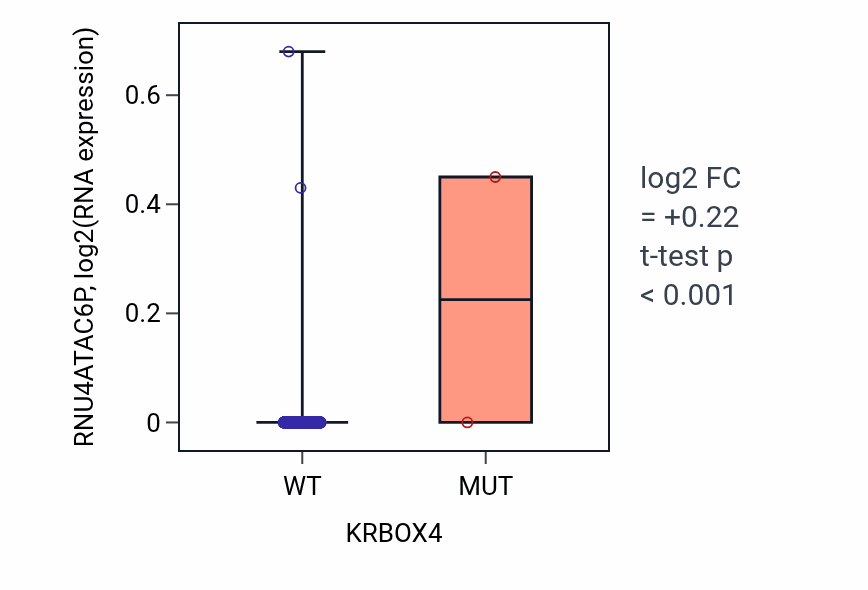 Box plot of RNU4ATAC6P in KRBOX4-low vs KRBOX4-high samples in BRCA.