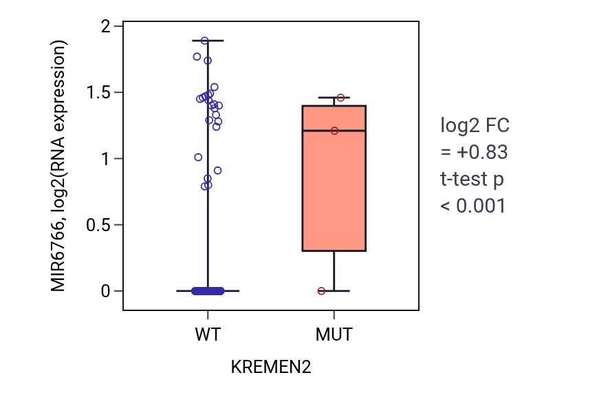 Box plot of MIR6766 in KREMEN2-low vs KREMEN2-high samples in UCEC.