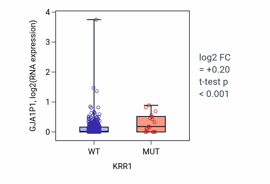 Box plot of GJA1P1 in KRR1-low vs KRR1-high samples in UCEC.