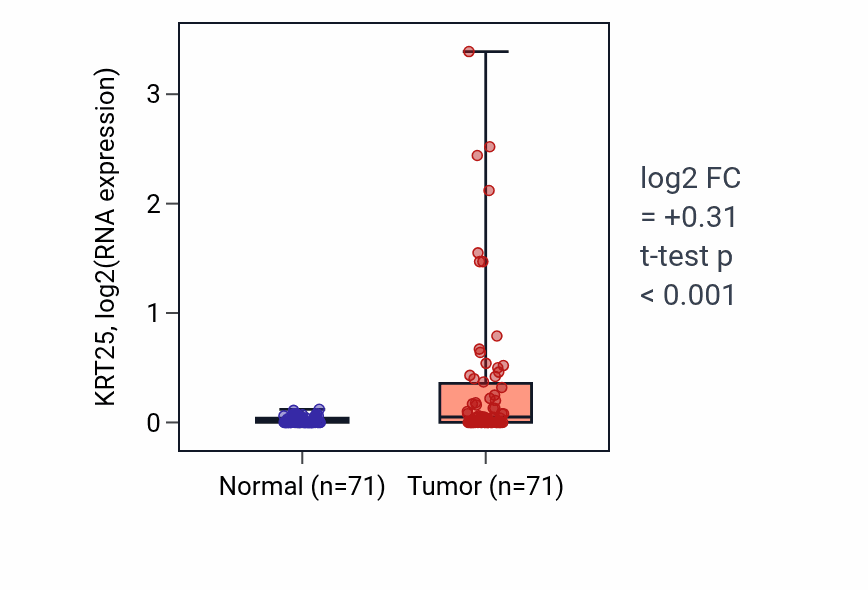 Tumor-vs-normal expression box plot for KRT25 in KIRC.