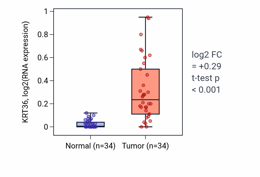 Tumor-vs-normal expression box plot for KRT36 in KIRC.
