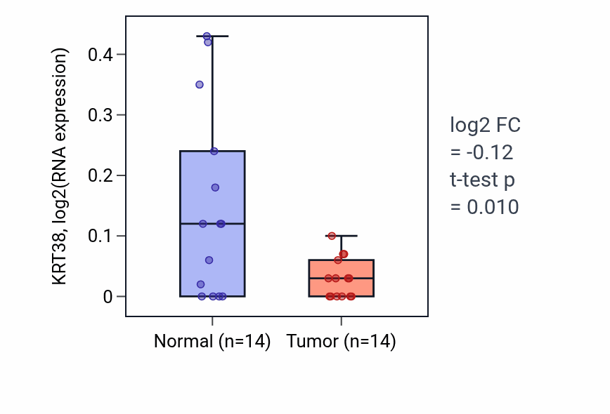 Tumor-vs-normal expression box plot for KRT38 in HNSC.