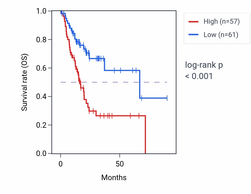 Kaplan&ndash;Meier survival curve for KRT8P32 RNA expression in PAAD: high vs low expression groups.