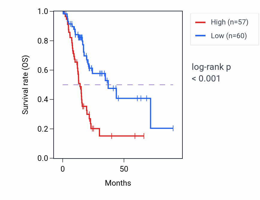 Kaplan&ndash;Meier survival curve for KRT8P9 RNA-high vs -low samples in PAAD.