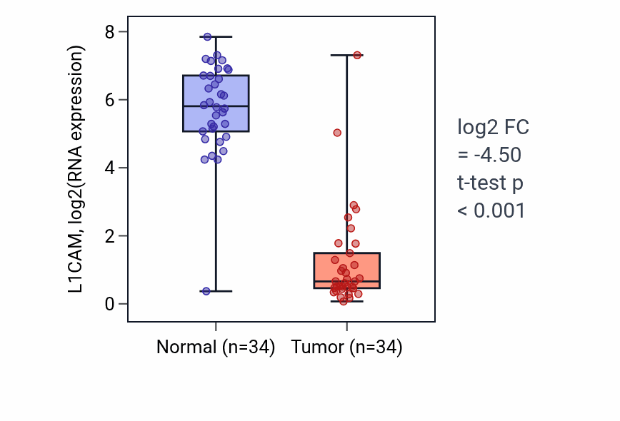 Tumor-vs-normal expression box plot for L1CAM in KIRC.