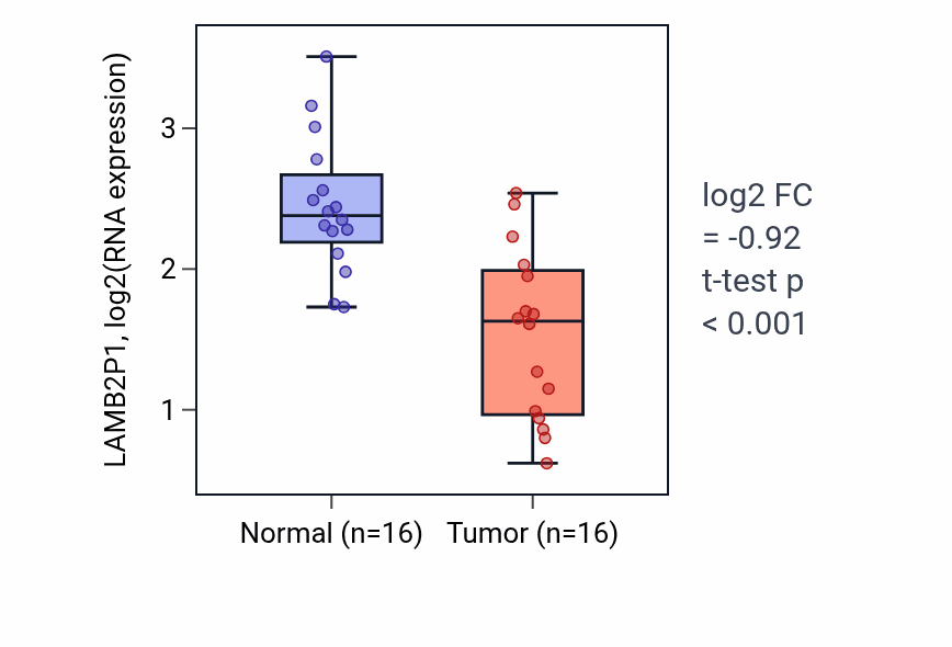 Tumor-vs-normal expression box plot for LAMB2P1 in THCA.
