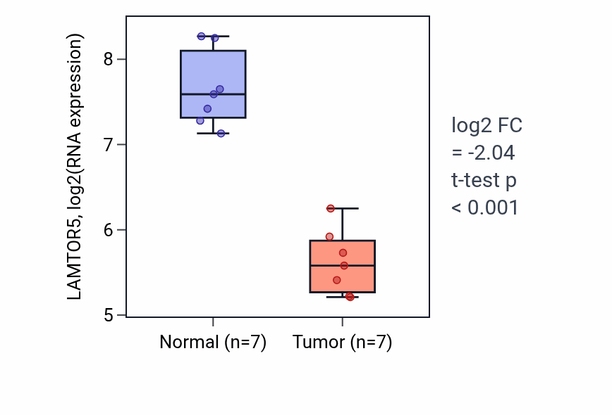 Tumor-vs-normal expression box plot for LAMTOR5 in KICH.