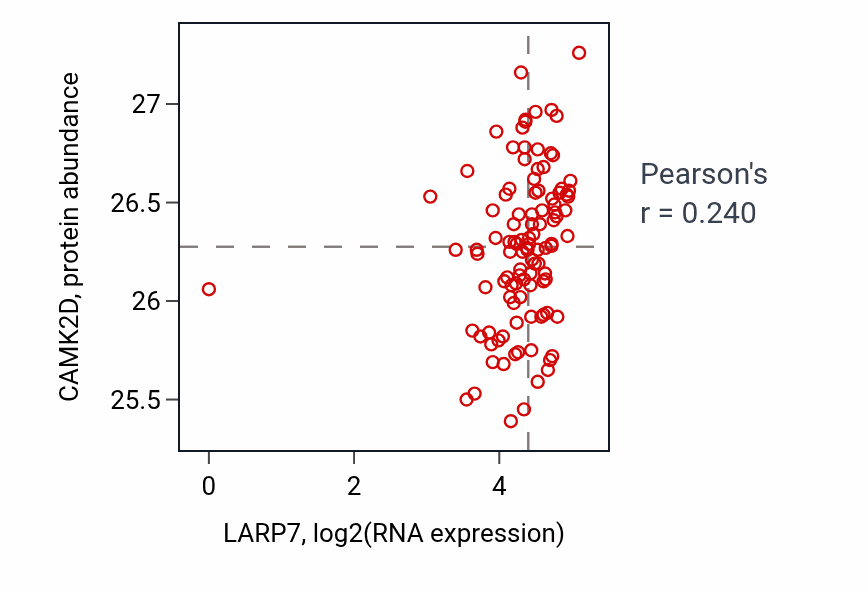 Per-sample scatter of LARP7 vs CAMK2D in HNSC (Pearson r = 0.24).