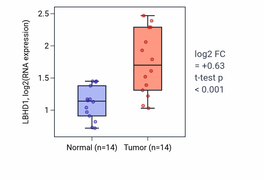 Tumor-vs-normal expression box plot for LBHD1 in KIRC.