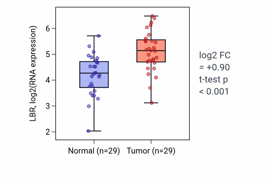 Tumor-vs-normal expression box plot for LBR in HNSC.