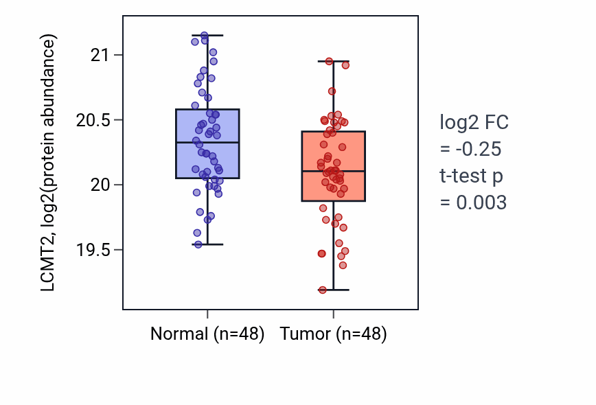 Tumor-vs-normal mass-spec protein box plot for LCMT2 in HNSC.