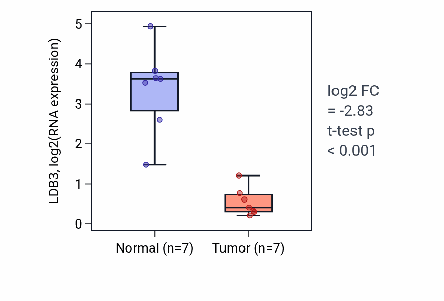 Tumor-vs-normal expression box plot for LDB3 in BLCA.