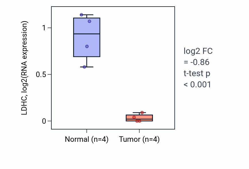 Tumor-vs-normal expression box plot for LDHC in KIRP.