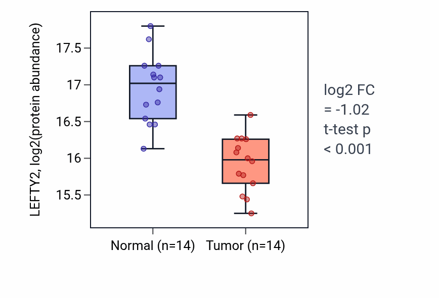 Tumor-vs-normal mass-spec protein box plot for LEFTY2 in LSCC.