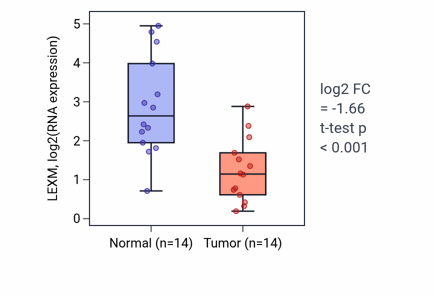 Tumor-vs-normal expression box plot for LEXM in HNSC.