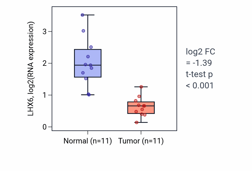 Tumor-vs-normal expression box plot for LHX6 in KICH.