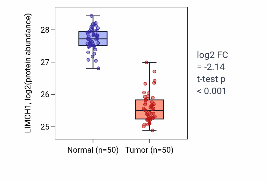 Tumor-vs-normal mass-spec protein box plot for LIMCH1 in LSCC.