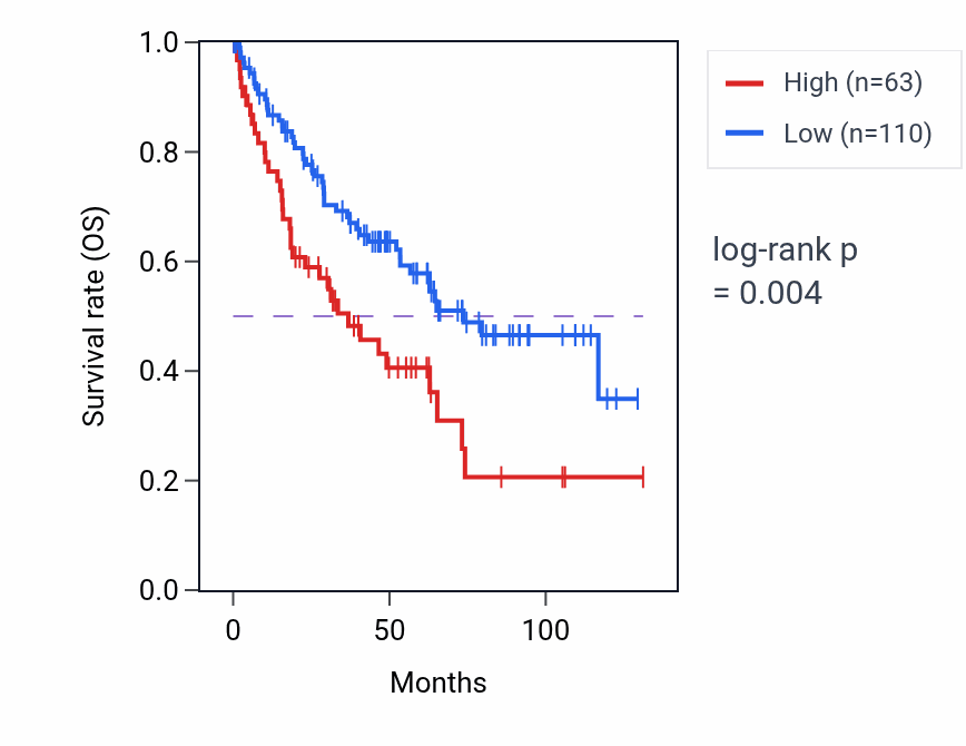 Kaplan&ndash;Meier survival curve for LINC00159 RNA expression in BLCA: high vs low expression groups.