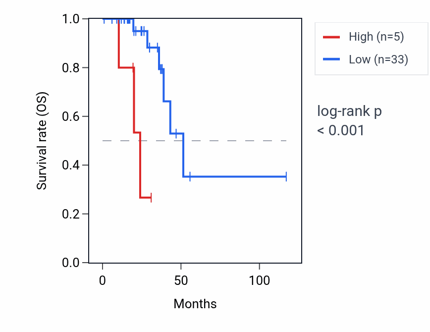 Kaplan&ndash;Meier survival curve for LINC00523 RNA expression in READ: high vs low expression groups.