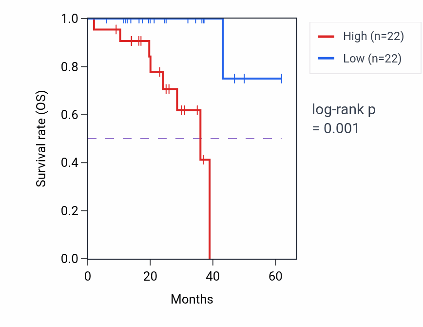 Kaplan&ndash;Meier survival curve for LINC00543 RNA expression in READ: high vs low expression groups.