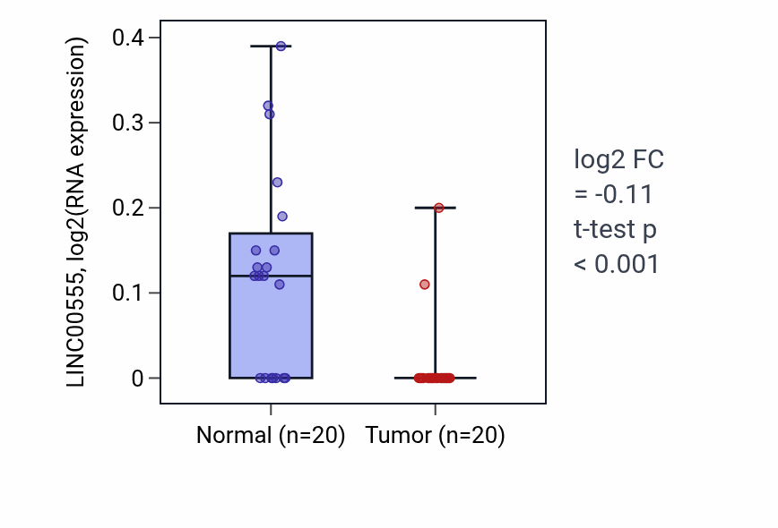 Tumor-vs-normal expression box plot for LINC00555 RNA in KIRC.