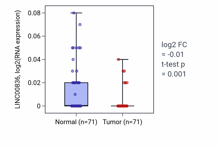 Tumor-vs-normal expression box plot for LINC00836 in KIRC.