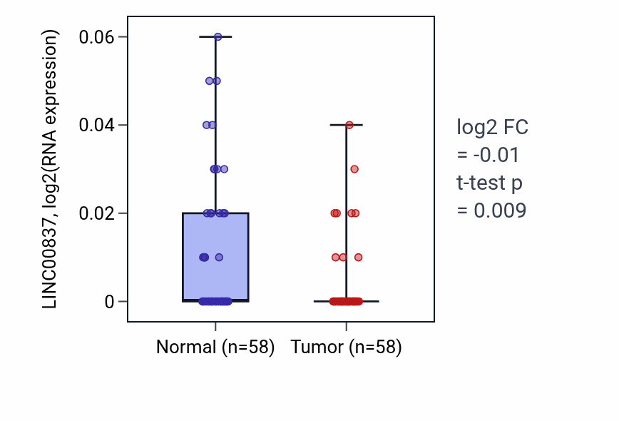 Tumor-vs-normal expression box plot for LINC00837 in THCA.