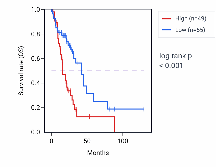 Kaplan&ndash;Meier survival curve for LINC00939 RNA expression in LUAD: high vs low expression groups.
