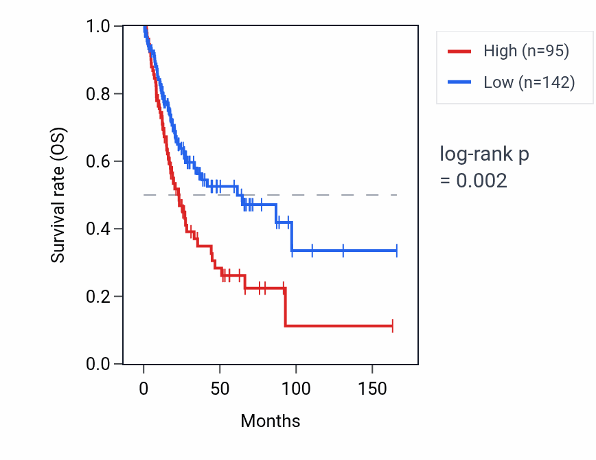 Kaplan&ndash;Meier survival curve for LINC01013 RNA expression in BLCA: high vs low expression groups.