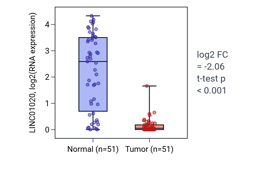 Tumor-vs-normal expression box plot for LINC01020 in KIRC.
