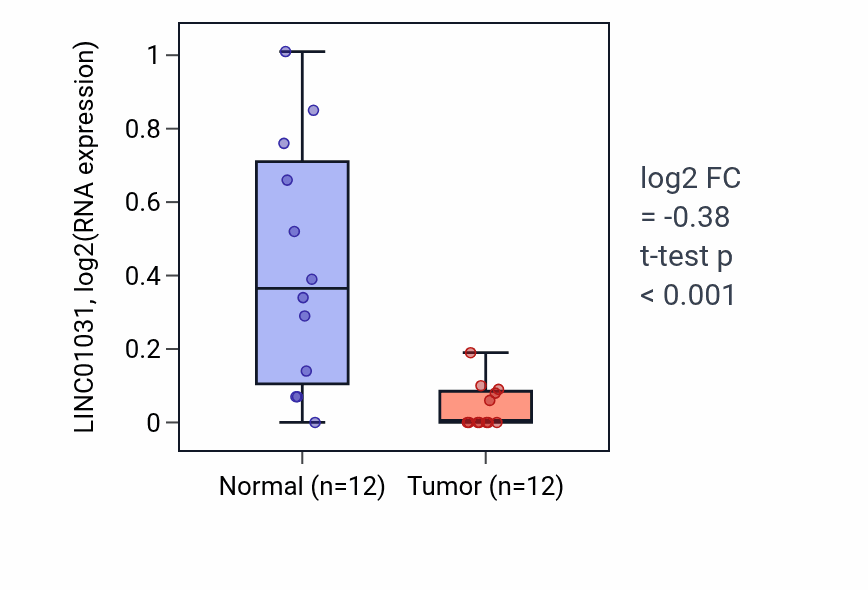 Tumor-vs-normal expression box plot for LINC01031 RNA in KIRC.