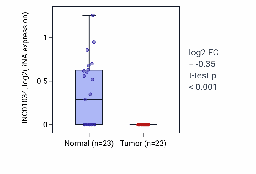Tumor-vs-normal expression box plot for LINC01034 in UCEC.