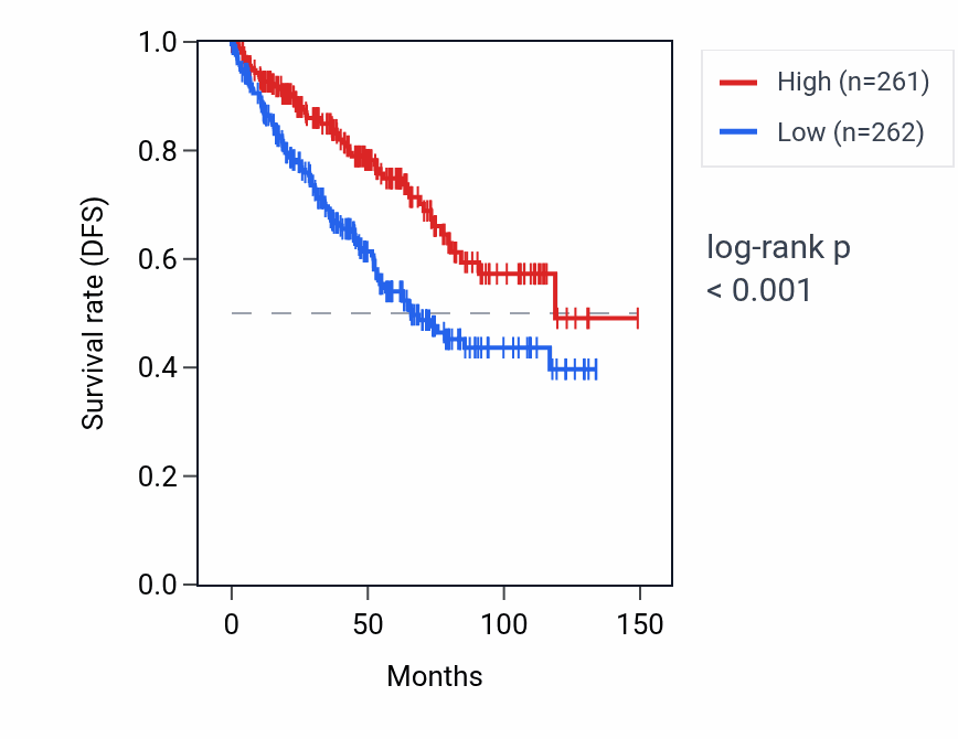 Kaplan&ndash;Meier survival curve for LINC01058 RNA expression in KIRC: high vs low expression groups.