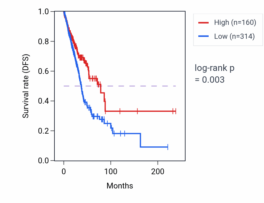 Kaplan&ndash;Meier survival curve for LINC01067 RNA expression in LUAD: high vs low expression groups.