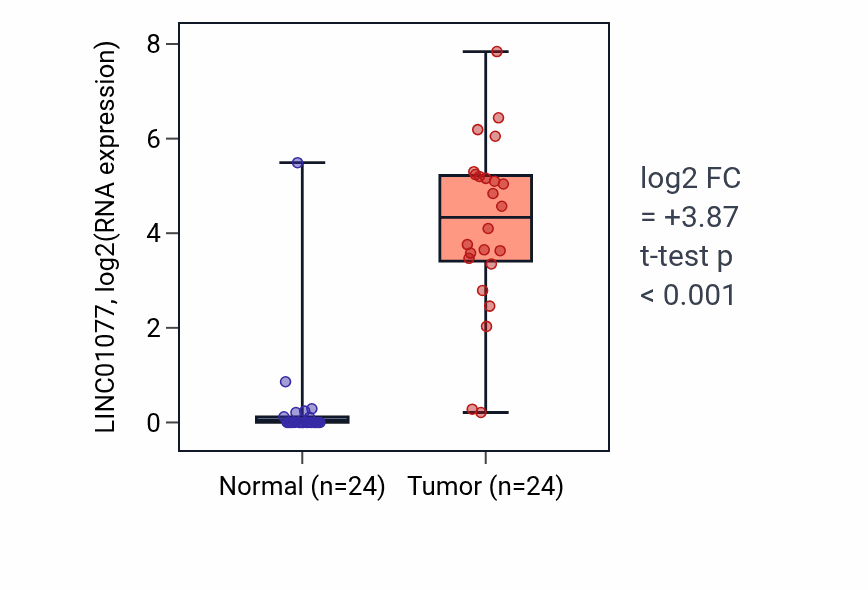 Tumor-vs-normal expression box plot for LINC01077 in KIRC.