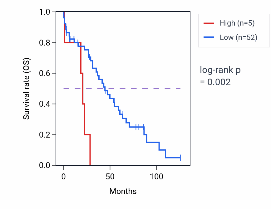 Kaplan&ndash;Meier survival curve for LINC01082 RNA expression in OV: high vs low expression groups.