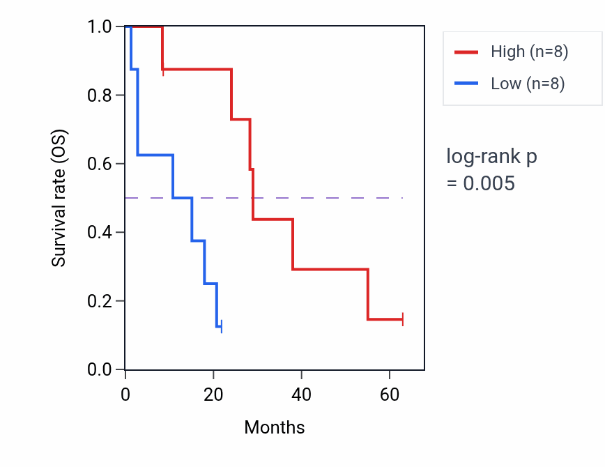 Kaplan&ndash;Meier survival curve for LINC01119 RNA expression in MESO: high vs low expression groups.