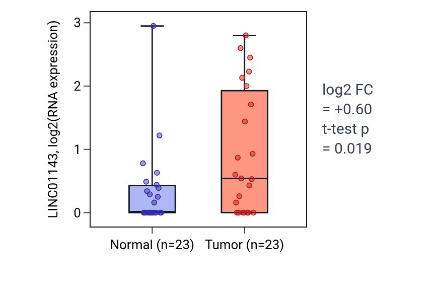 Tumor-vs-normal expression box plot for LINC01143 RNA in UCEC.