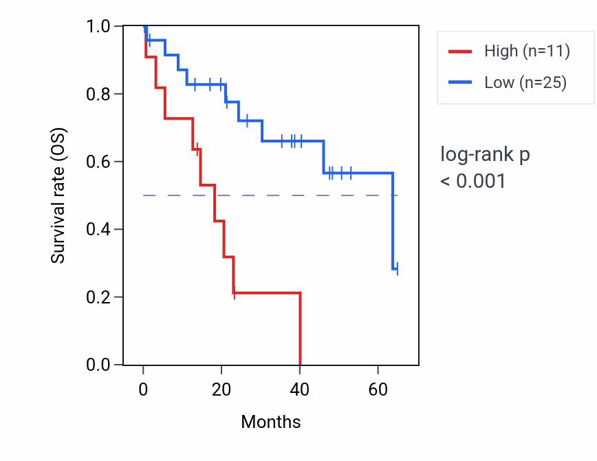 Kaplan&ndash;Meier survival curve for LINC01180 RNA-high vs -low samples in CHOL.
