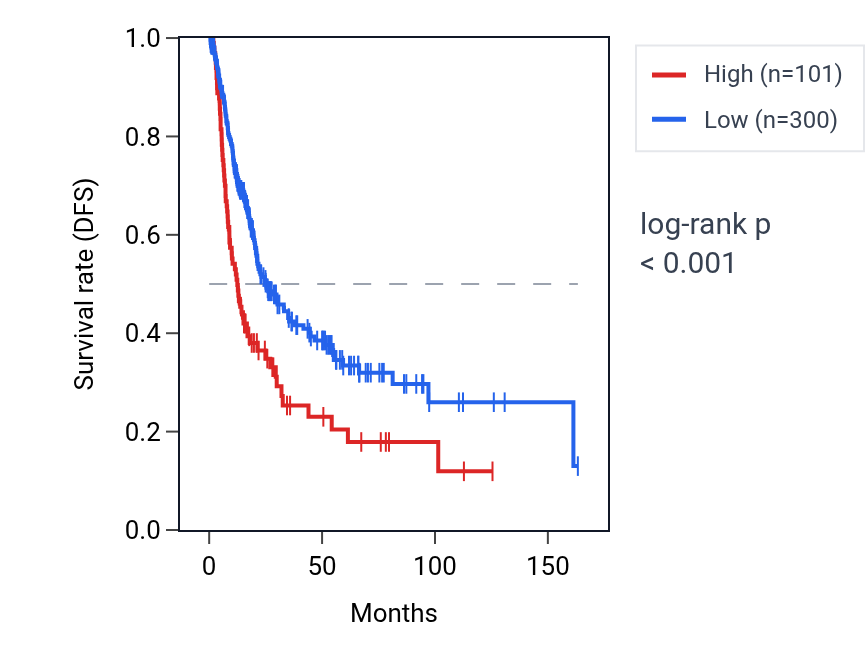 Kaplan&ndash;Meier survival curve for LINC01181 RNA expression in BLCA: high vs low expression groups.