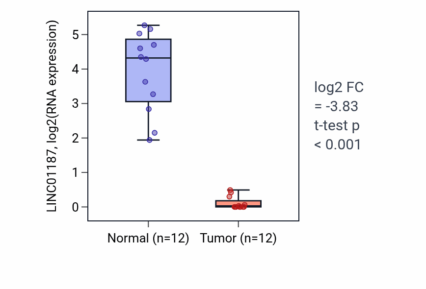 Tumor-vs-normal expression box plot for LINC01187 in KIRC.