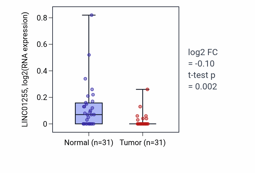 Tumor-vs-normal expression box plot for LINC01255 in KIRP.