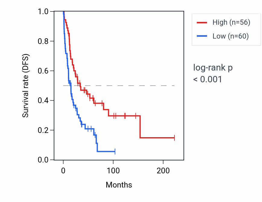Kaplan&ndash;Meier survival curve for LINC01266 RNA expression in SKCM: high vs low expression groups.